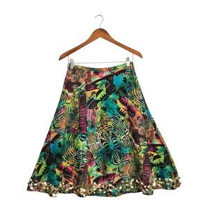 WDNY Linen Blend Midi Skirt Sz 4 Multicolor Gold Sequin Hem Lined Boho Gypsy